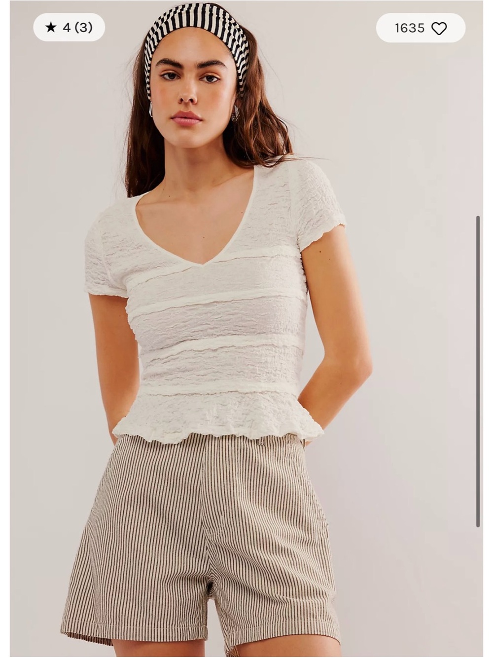 White Textured V-Neck Ruffle Hem Top - Brand: